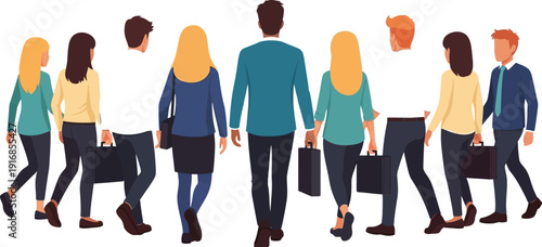 group of business people walking in different directions office workers with briefcases