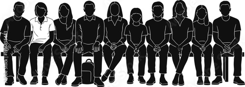 group of people sitting on a bench in a line waiting for something