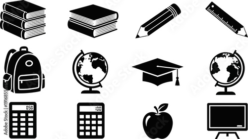 School education icons set including books calculator globe graduation cap and apple