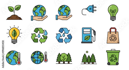 Collection of Eco-Friendly and Environmental Icons for Sustainability.