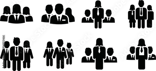 Collection of various business team silhouettes in different poses and formations standing together