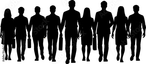 Silhouette of a group of business people walking in a line with briefcases