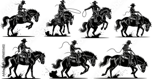 set of cowboys riding horses in different poses with lassos  horse riding skills