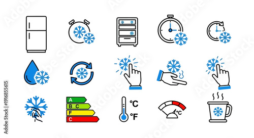 Collection of Icons Representing Cooling and Temperature Control.