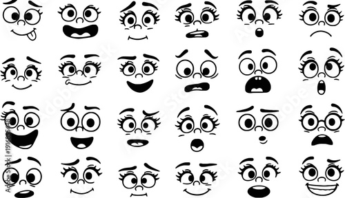Collection of various cartoon faces with different expressions on white background