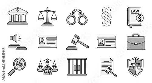 Collection of legal and justice icons representing law and order.