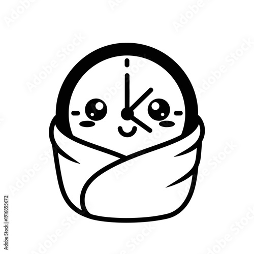 Cute Baby Clock Character Wrapped in Blanket, Time Concept