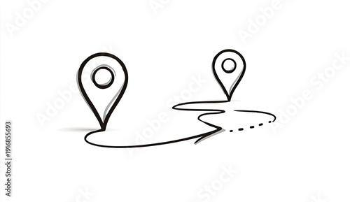 Two sketched location pins connected by a dotted line