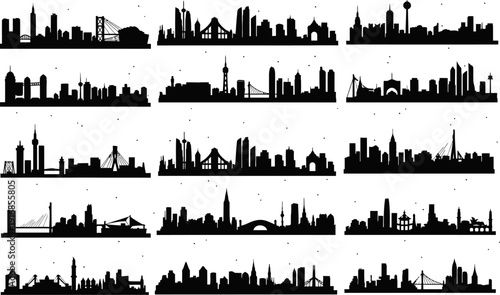 Collection of various city skylines with black silhouettes on white background