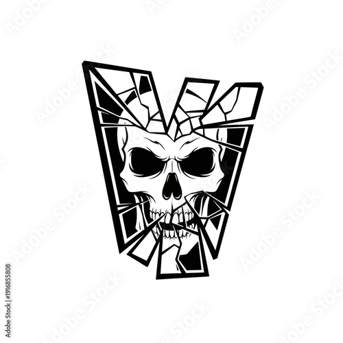 Cracked Skull Emblem with Sharp Edges, Gothic V Symbol, Dark Art