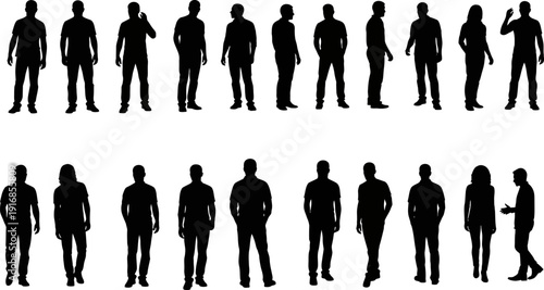Collection of standing human silhouettes in various poses on white background