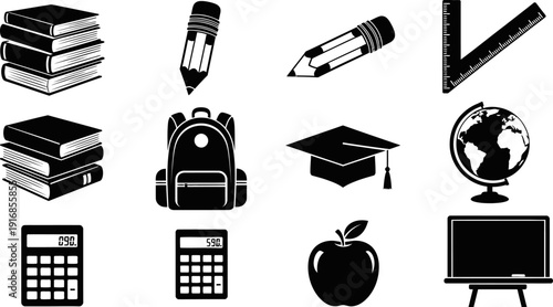 Black silhouettes of school supplies and education icons on white background