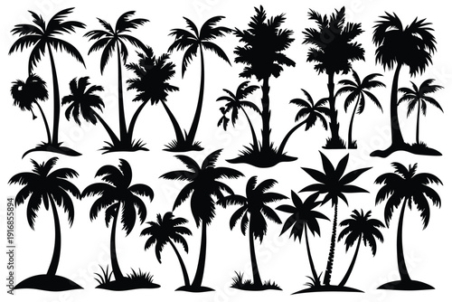 set of palm tree silhouette line art vector illustration with a white background