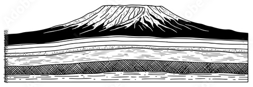Geological cross section of a mountain with layers of earth and snow on peak