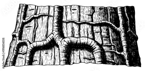 Detailed wood bark texture background with hand drawn tree roots in engraving style