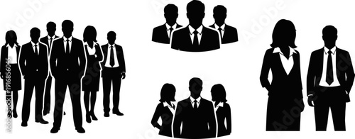Collection of business people silhouettes in various poses and group settings for corporate and professional concepts