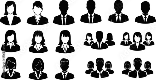 Collection of business people icons in black silhouette on white background for user profiles