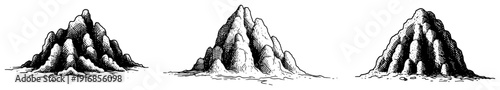 Set of rocky mountain peaks and stone piles in vintage hand drawn style