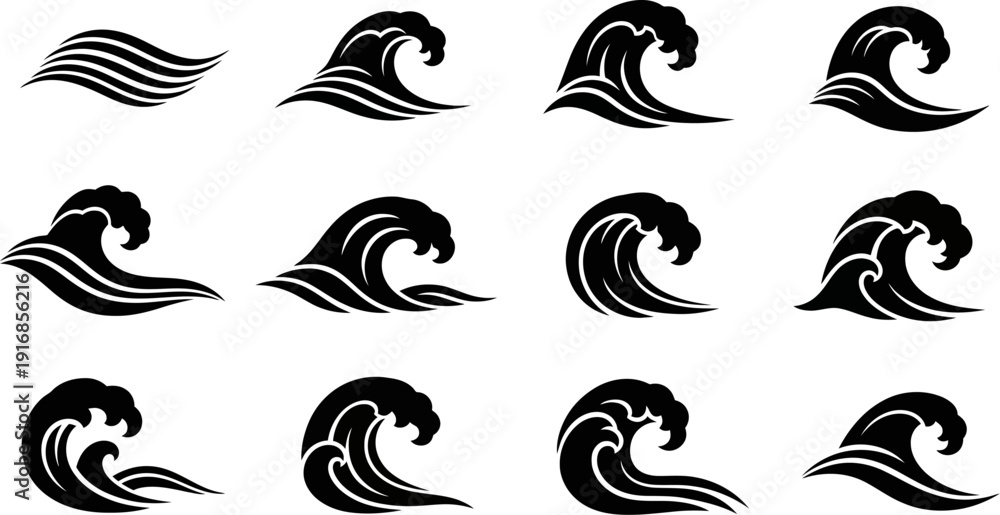 Fototapeta premium collection of various wave icons in black color on white background
