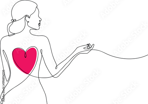 Minimalist line art of a woman with a vibrant heart on her back, expressing love.