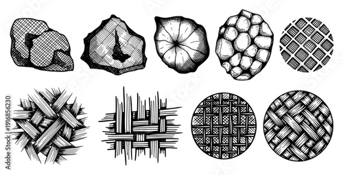 Collection of organic textures and abstract woven patterns in hand drawn engraving style