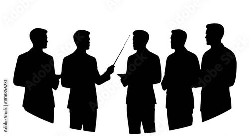 Silhouettes of people in a meeting pointing at a presentation screen