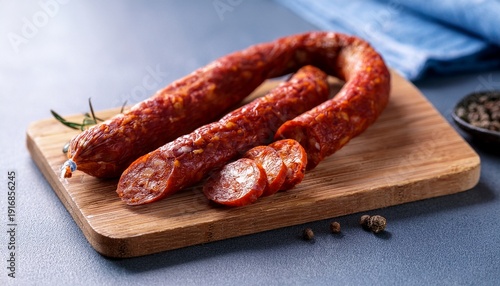delicious spanish sausage chistorra on a cutting board chistorra spanish sausage food gourmet delicacy chorizo spicy