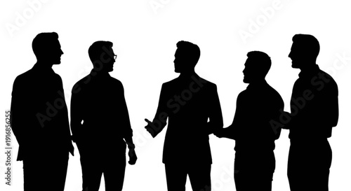 Silhouettes of five men standing and interacting in a business setting
