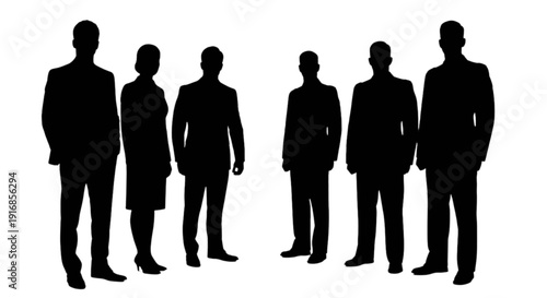 Silhouettes of six individuals standing in a row wearing business attire