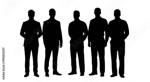 Silhouettes of five individuals standing in a row against a white background