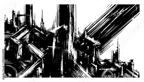 Abstract futuristic cityscape illustration with dynamic ink strokes and industrial architectural elements