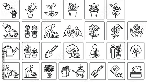 Gardening icon set featuring planting flowers watering seeds landscaping tools and outdoor nature activities in square frames for home garden designs