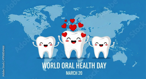 Celebrate World Oral Health Day on March 20 with these adorable cartoon teeth and a world map, promoting dental hygiene globally