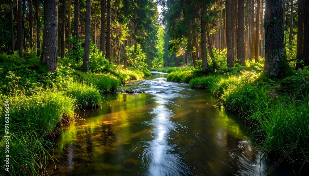 Obraz premium Río sereno atravesando bosque verde con reflejos y luz suave de amanecer