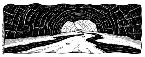 Perspective view of a dark stone tunnel or underground cave passage with a winding path