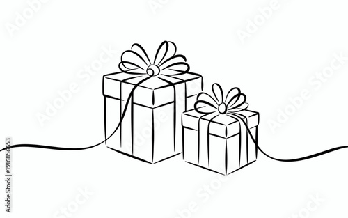 Simple black and white illustration of two gift boxes with ribbons.