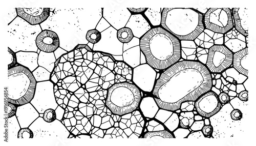 Abstract background with organic cellular structures and circle patterns in hand drawn style