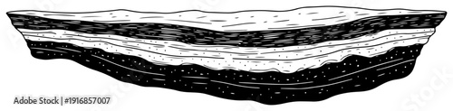 Hand drawn geological cross section of a floating land mass showing different soil layers