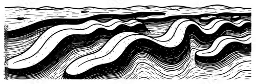 Abstract hand drawn landscape with wavy sand dunes and fine textured ink lines