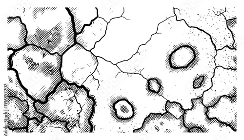 Hand drawn engraving style illustration of parched dry earth with cracks and small craters