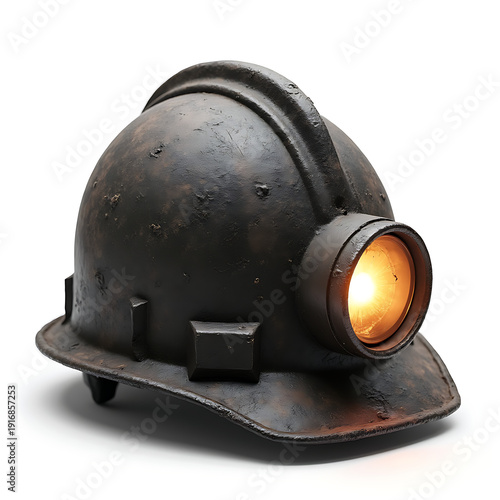 Vintage coal miner helmet with headlamp and dust texture isolated  