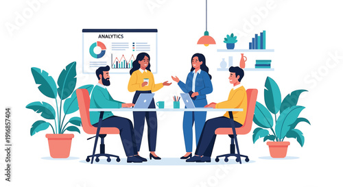 Diverse business team collaborating in modern office with plants and infographics