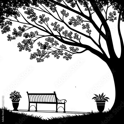 Minimalist silhouette of a park setting with a grand tree, bench, and potted flora, perfect for serene designs.