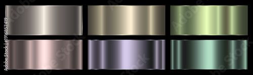 A set of six metallic gradients on a black background. The texture of metal, foil, shiny background. Vector EPS 10.