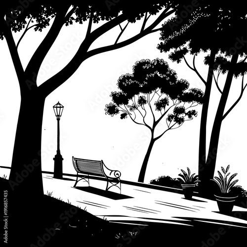 A serene park scene silhouette featuring a bench under a large tree with a lamppost and scattered potted plants.