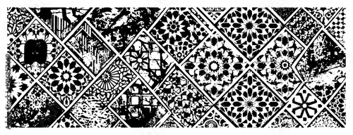 Collection of vintage decorative tiles with floral patterns in distressed engraving style