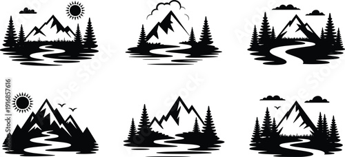 Black vector silhouette set of mountain landscapes featuring winding rivers pine trees sun and clouds for outdoor adventure travel camping and nature branding