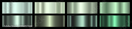 A set of green metallic gradients on a black background. The texture of metal, foil, shiny background. Vector EPS 10.