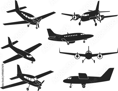 Black vector silhouette set of private light aircraft and small propeller planes in various flight positions for civil aviation travel and aerospace branding