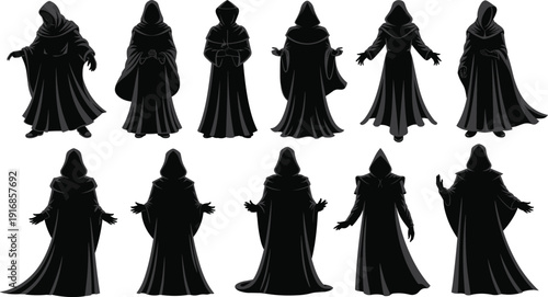 Black vector silhouette set of mysterious hooded figures in long robes and cloaks for fantasy gaming horror Halloween and dark character concept branding